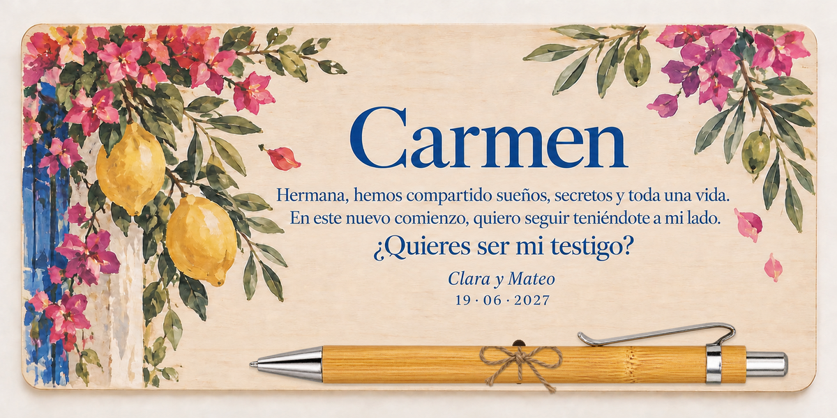 Targa stampata a colori con limoni e buganvillee, il nome Carmen e penna di bambù