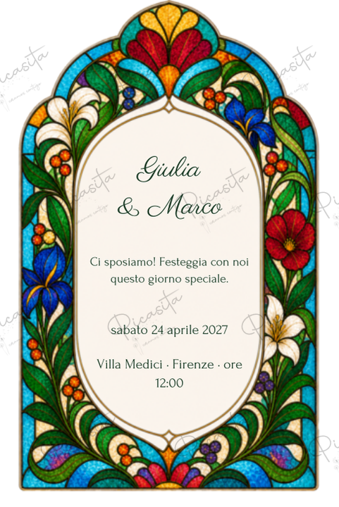 Invitación de boda personalizada diseño Vitral botánico
