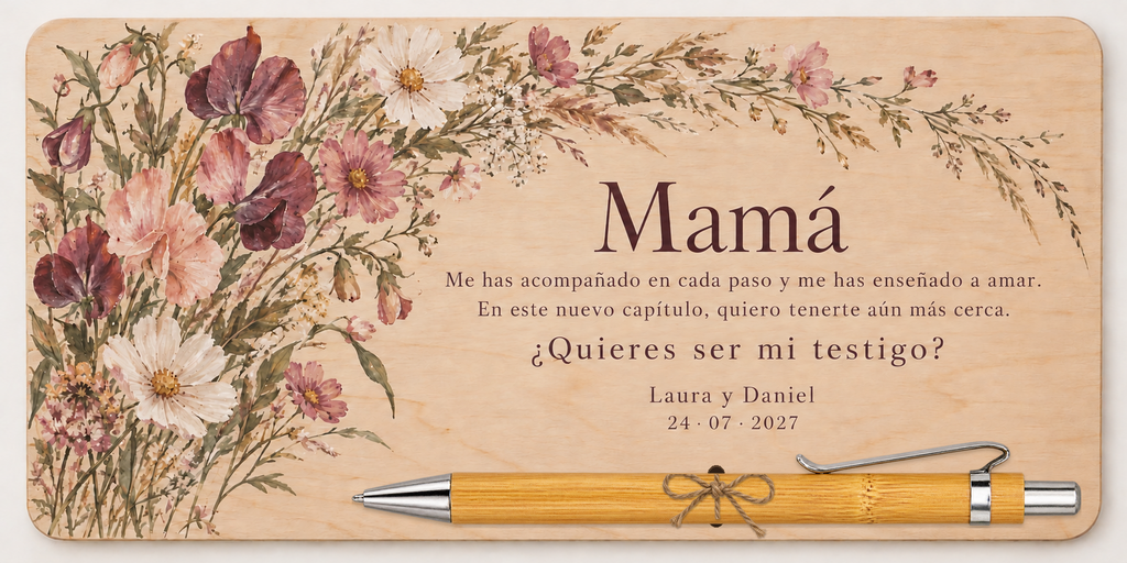 Targa stampata a colori con fiori selvatici, il testo Mamá e penna di bambù