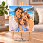 Foto di famiglia in stile manga stampata su tela di 20 × 20 cm su un cavalletto di 30 cm