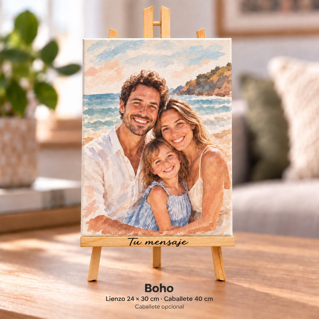 Foto di famiglia in stile boho stampata su tela di 24 × 30 cm su un cavalletto di 40 cm