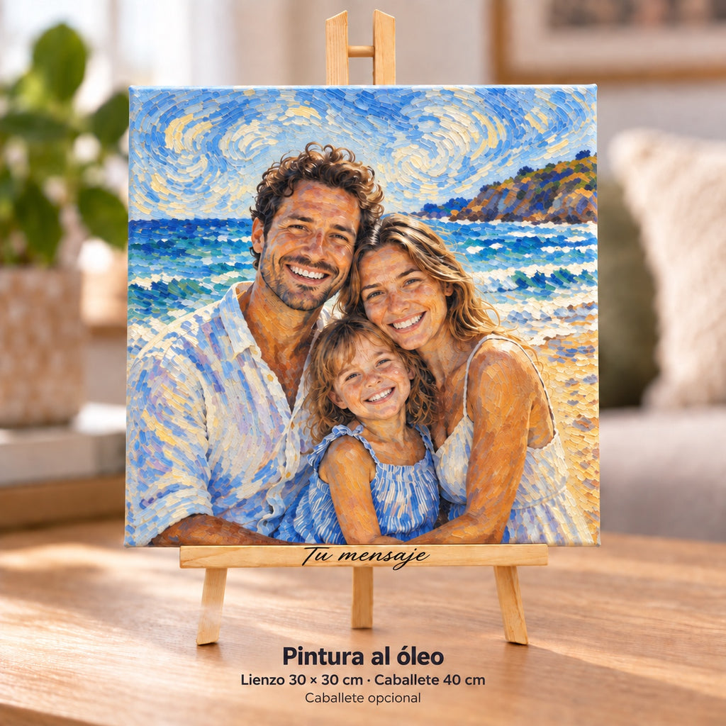 Foto di famiglia in stile pittura a olio stampata su tela di 30 × 30 cm su un cavalletto di 40 cm