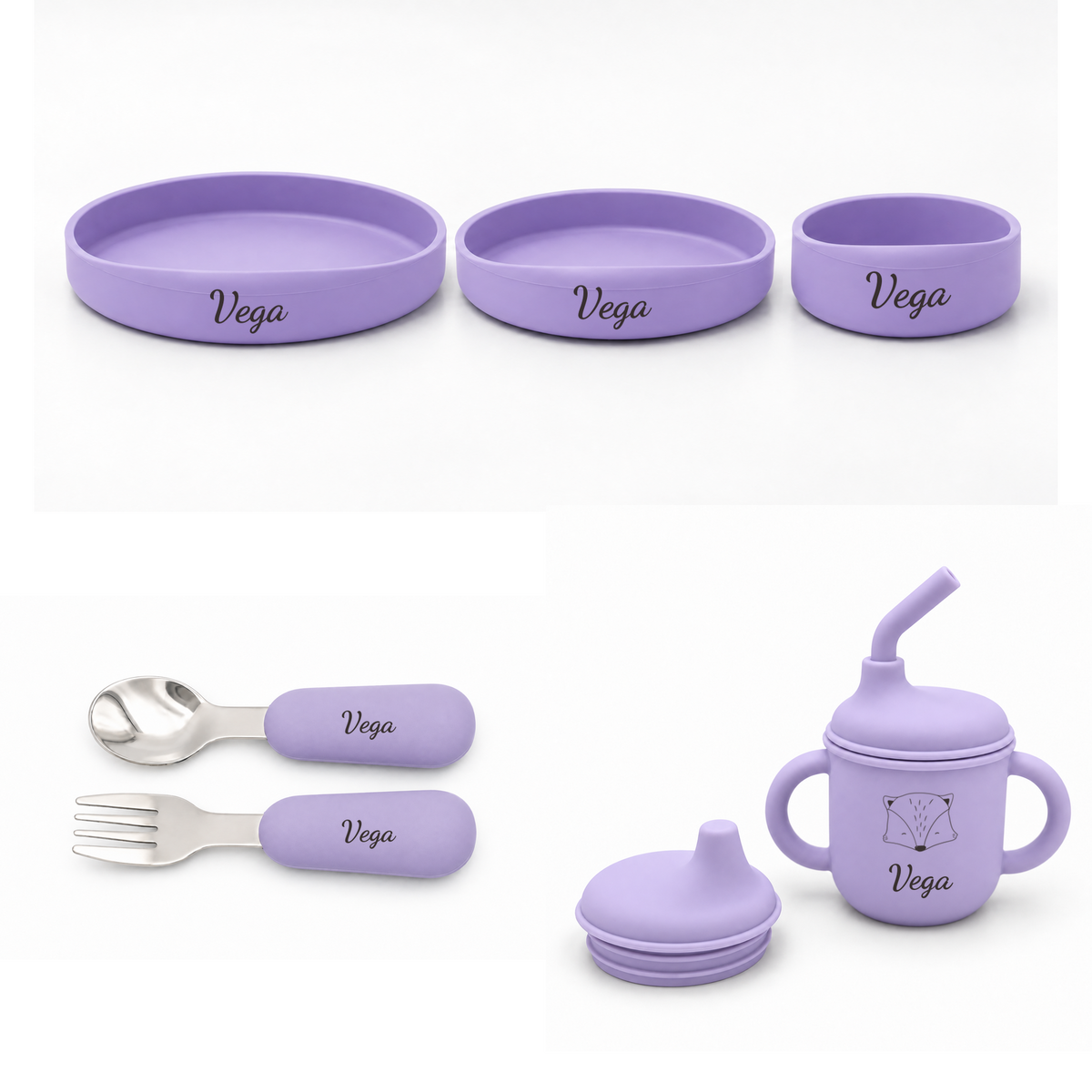 Vajilla de bebé personalizada de 6 piezas en Lila, con nombre y animalito en el vaso