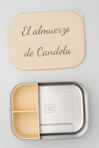 Tupper XL crema abierto con tapa personalizada y módulo de dos compartimentos