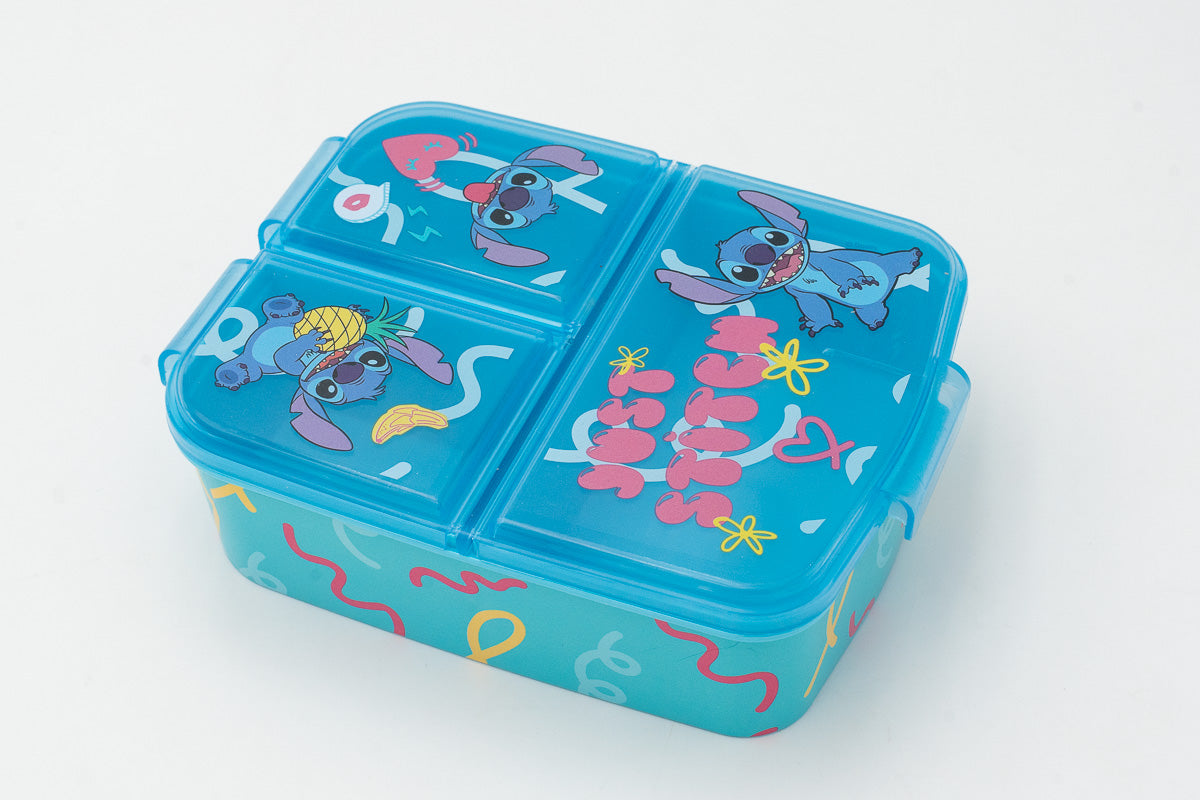 Fiambrera infantil azul turquesa de Stitch con tres compartimentos independientes y tapas abatibles decoradas.