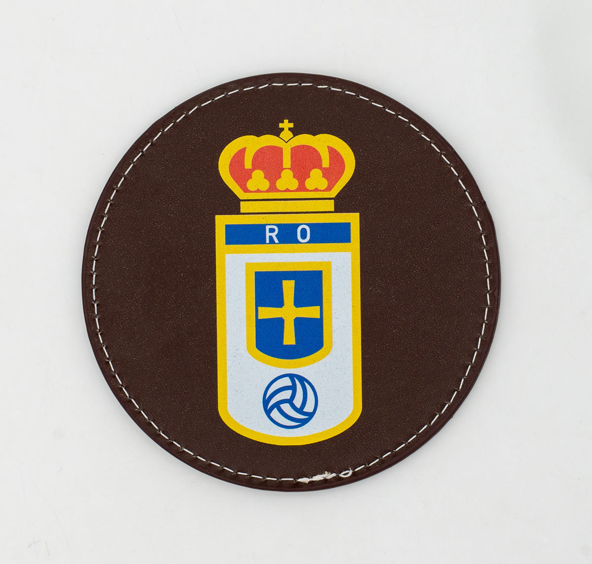 Posavasos de cuero PU marrón con escudo impreso a color