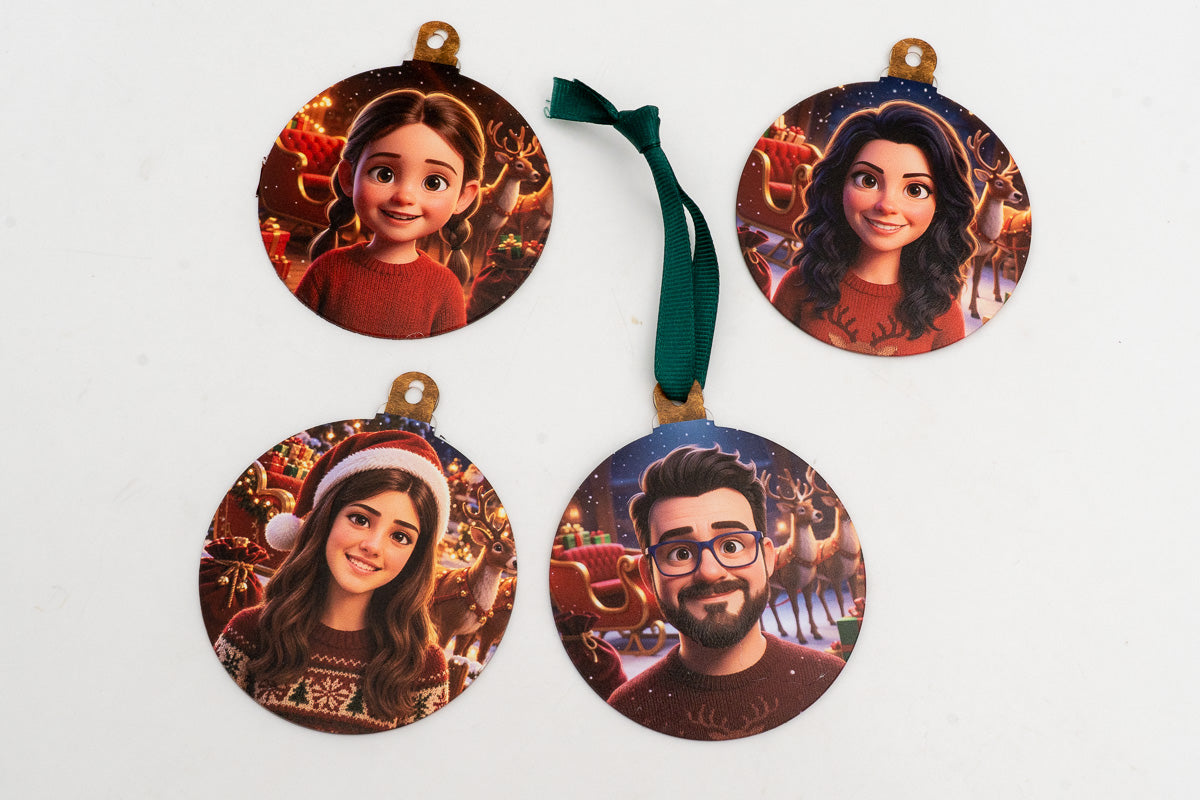 Quattro addobbi piatti con personaggi di animazione 3D e sfondo di Babbo Natale.