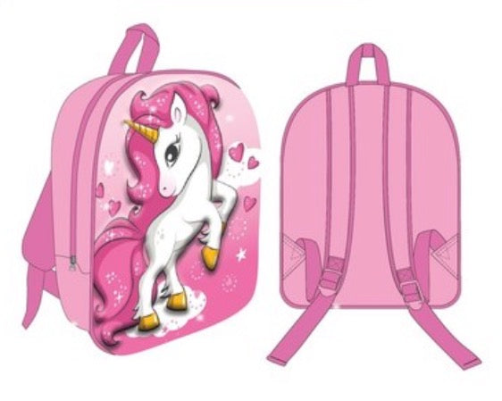 Mochila rosa infantil con unicornio en relieve 3D, tirantes acolchados y asa superior de transporte.