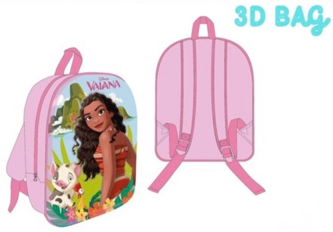 Mochila infantil rosa con frontal en relieve 3D de Vaiana y Pua en Motunui.