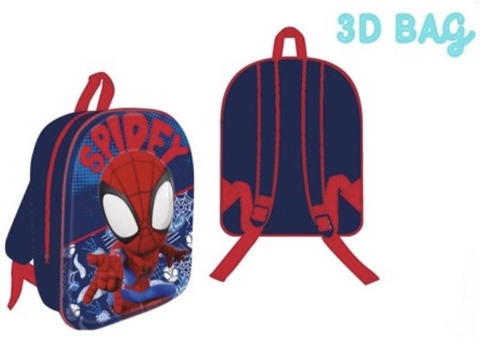 Mochila infantil azul marino con relieve 3D de Spidey y vista trasera con tirantes rojos acolchados.