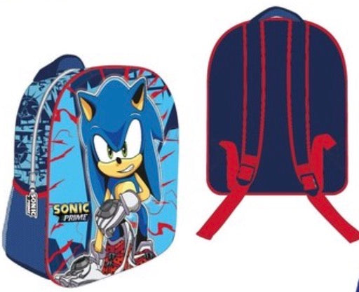 Mochila escolar azul de Sonic Prime con detalles rojos, tirantes acolchados ajustables y asa superior.