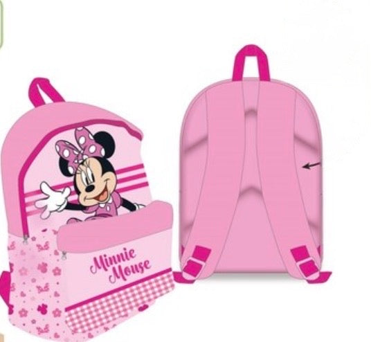 Mochila escolar rosa de Minnie Mouse con tirantes acolchados y bolsillo frontal de cuadros vichy.