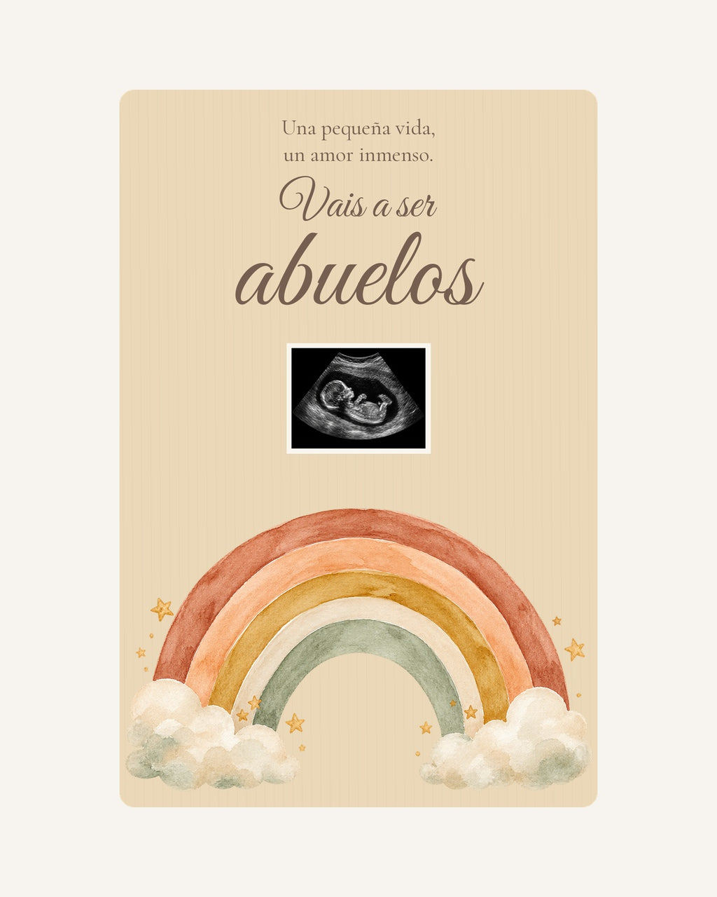 Anteprima della targa in legno Arcobaleno per annunciare la gravidanza ai nonni, con ecografia illustrativa.