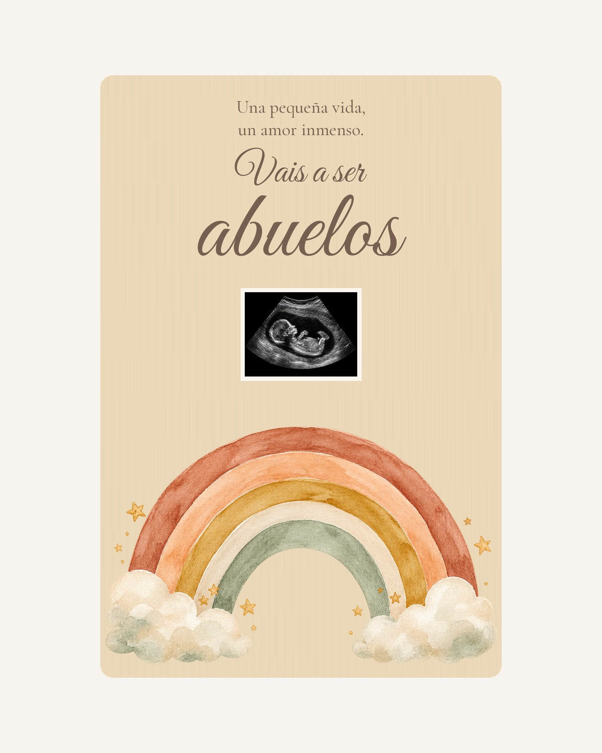 Anteprima della targa in legno Arcobaleno per annunciare la gravidanza ai nonni, con ecografia illustrativa.