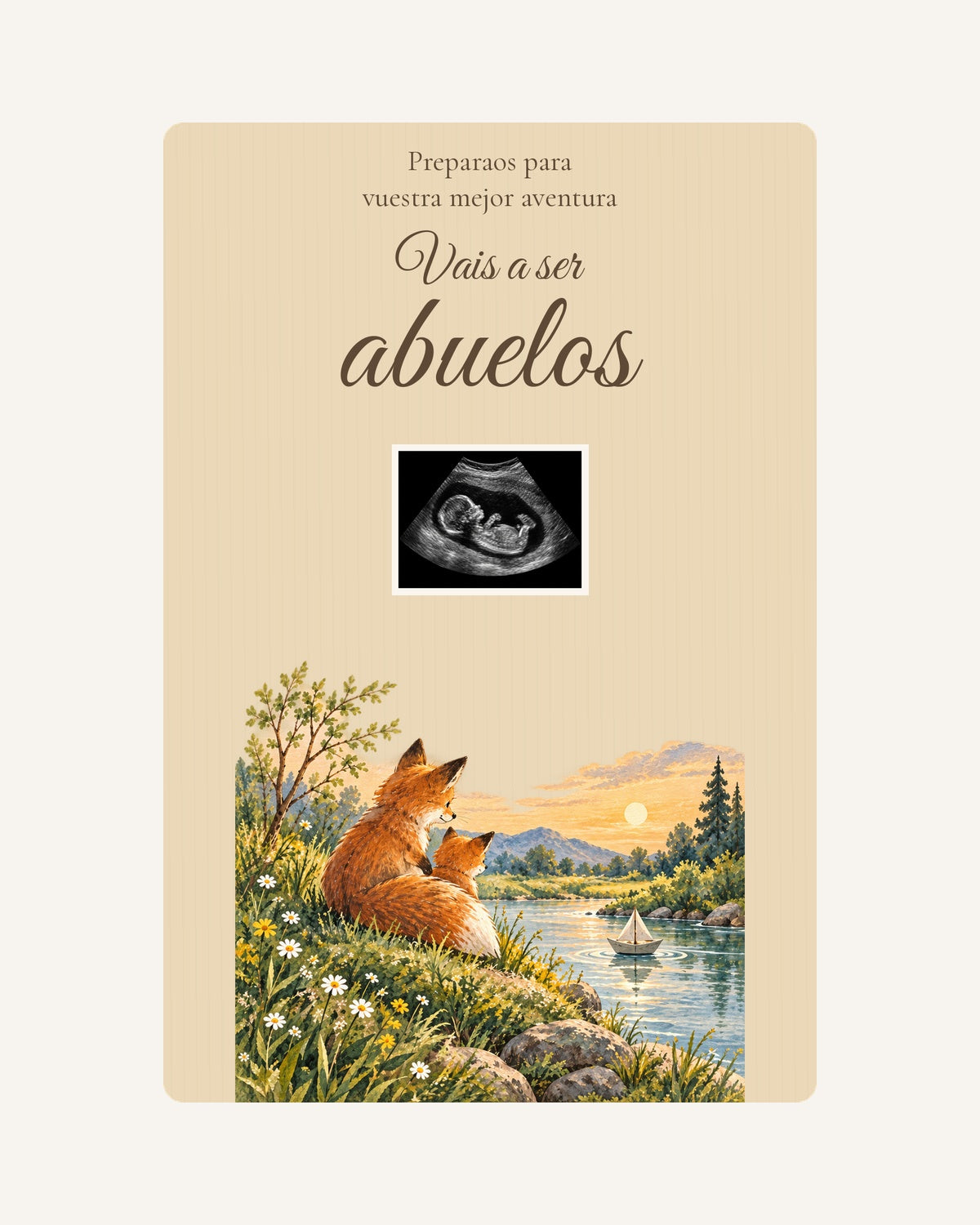 Anteprima della targa in legno Avventura per annunciare la gravidanza ai nonni, con ecografia illustrativa.