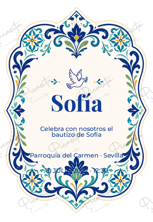 Invitación de Bautizo Azulejo celeste · Sofía