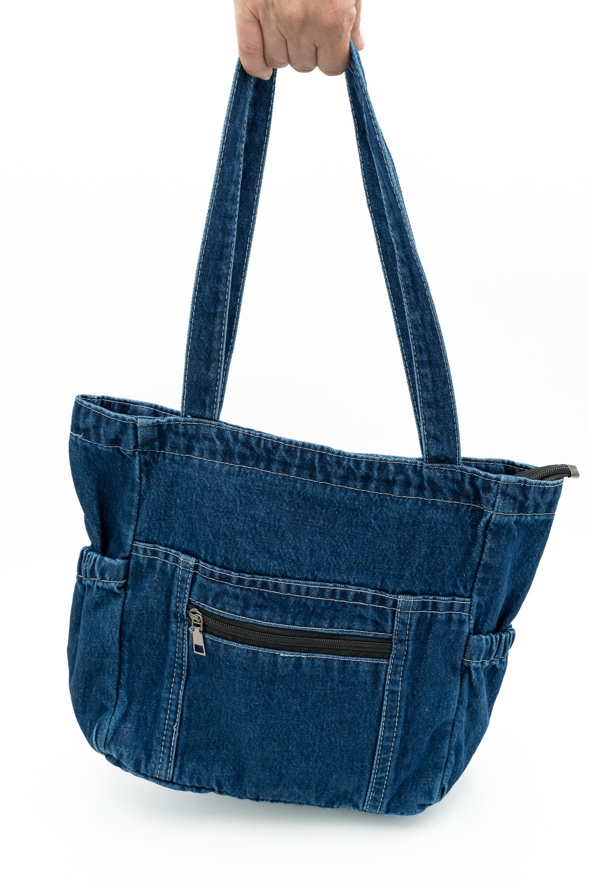 Borsa in denim con tasche laterali elastiche e tasca anteriore con cerniera orizzontale