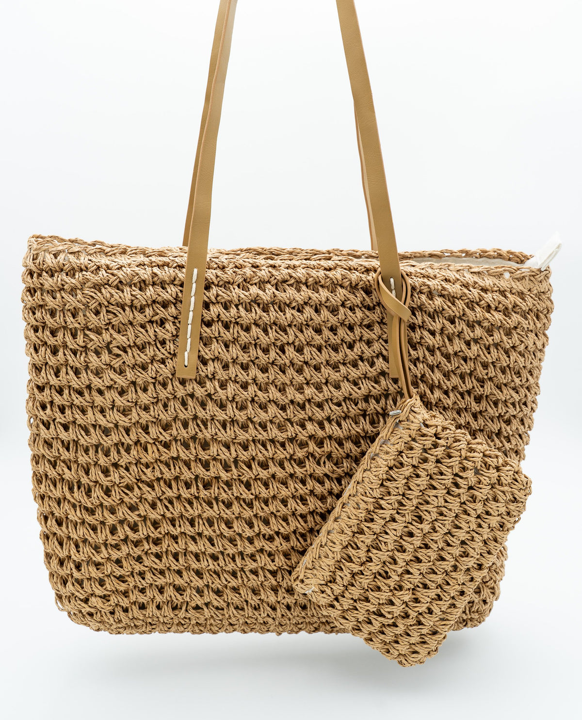 Borsa rettangolare in fibra intrecciata marrone con manici in pelle PU e mini pochette appesa