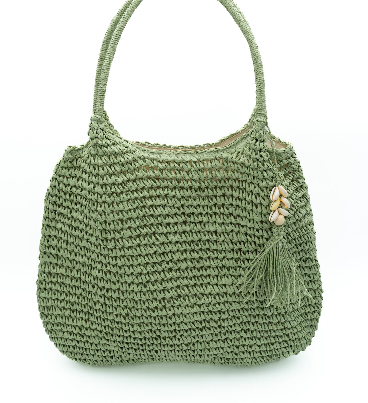 Borsa da spiaggia verde con cerniera e frange