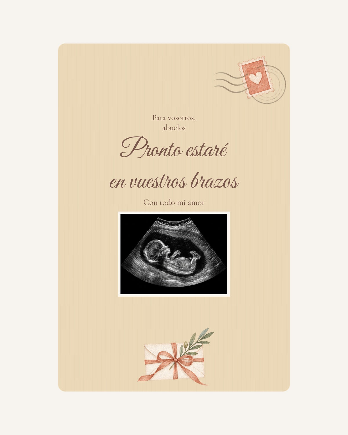 Anteprima della targa in legno Lettera del bebè per annunciare la gravidanza ai nonni, con ecografia illustrativa.