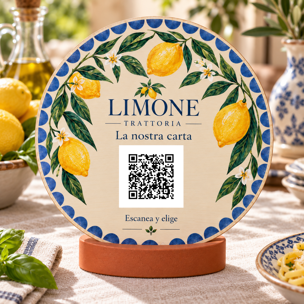 Simulazione di Cartello menu con QR mediterraneo e base · vista di dettaglio