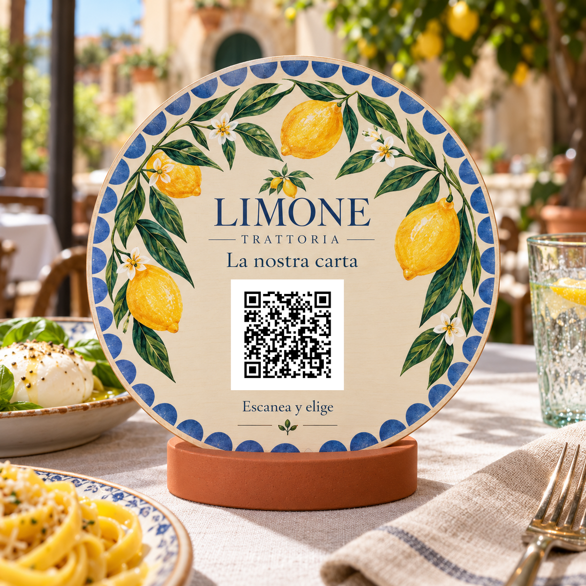Simulazione di Cartello menu con QR mediterraneo e base · esempio 1