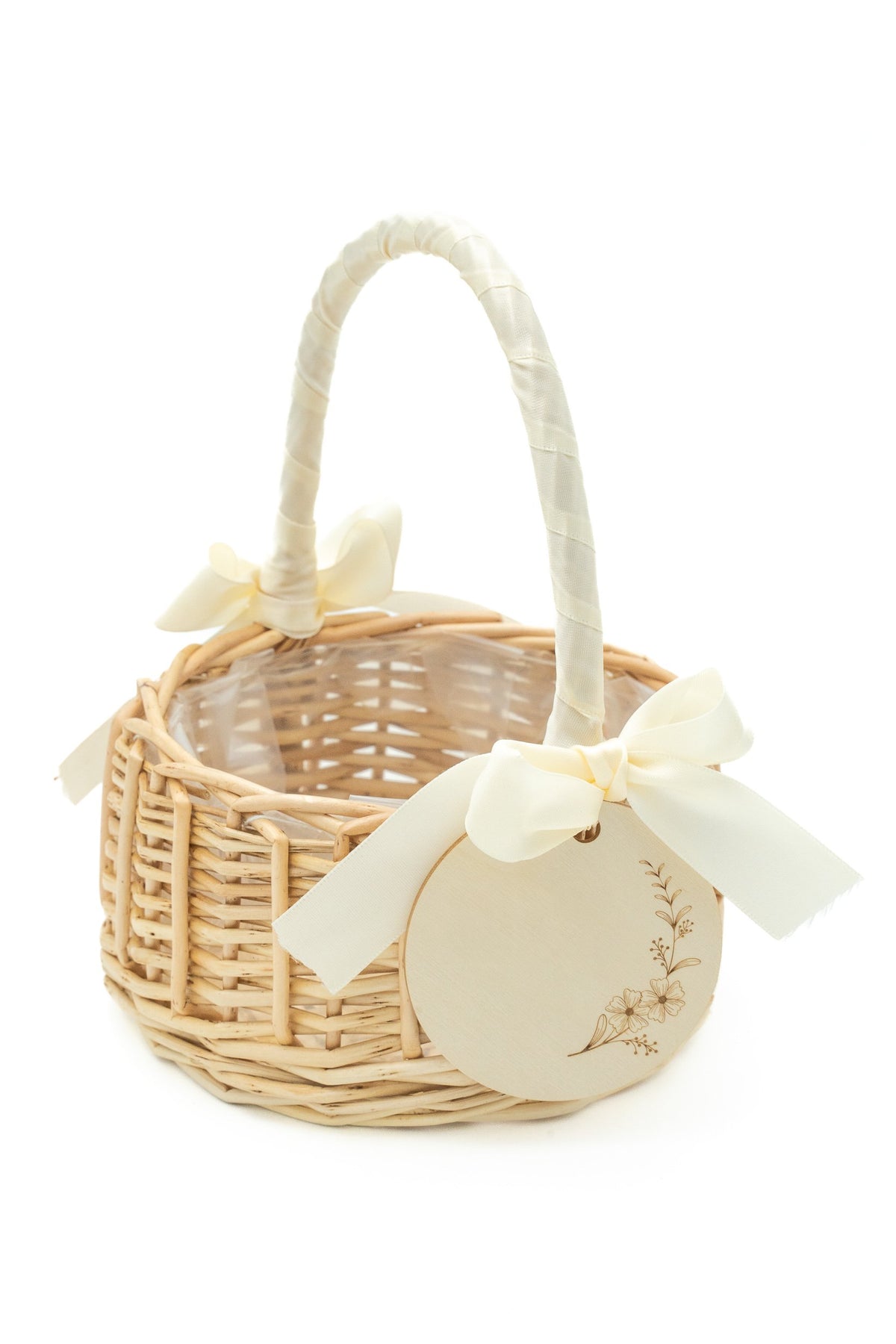 Cesto di rattan con fiocco crema e disco con il nome Martina