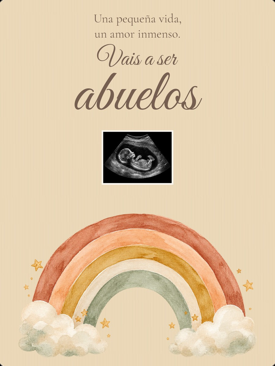 Vista previa simulada: Arcoíris en Contrachapado, 18 × 24 cm, con ecografía sintética ilustrativa.