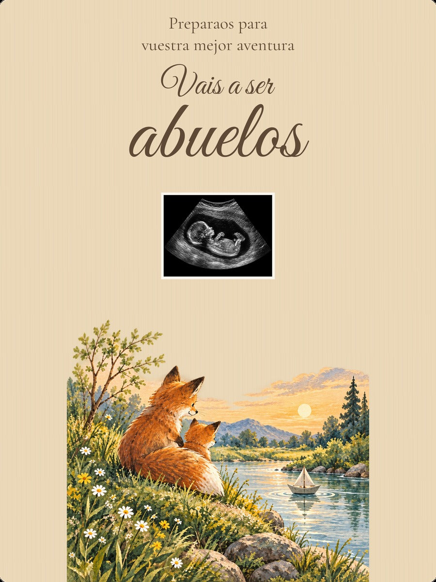 Vista previa simulada: Aventura en Contrachapado, 18 × 24 cm, con ecografía sintética ilustrativa.