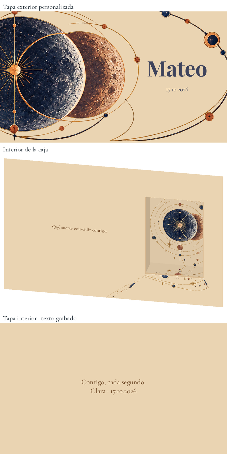 Rappresentazione digitale: Scatola per orologio personalizzata per lo sposo — Eclipse. Scatola in legno di 24 × 16 cm; orologio non incluso.