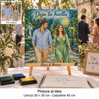 Tela per matrimonio di 30 × 30 cm con ritratto in stile pittura a olio e «Deja tu huella», accanto a un albero delle impronte e tamponi d’inchiostro.