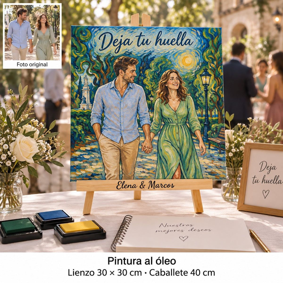 Tela per matrimonio di 30 × 30 cm con ritratto in stile pittura a olio e «Deja tu huella», accanto a un albero delle impronte e tamponi d’inchiostro.