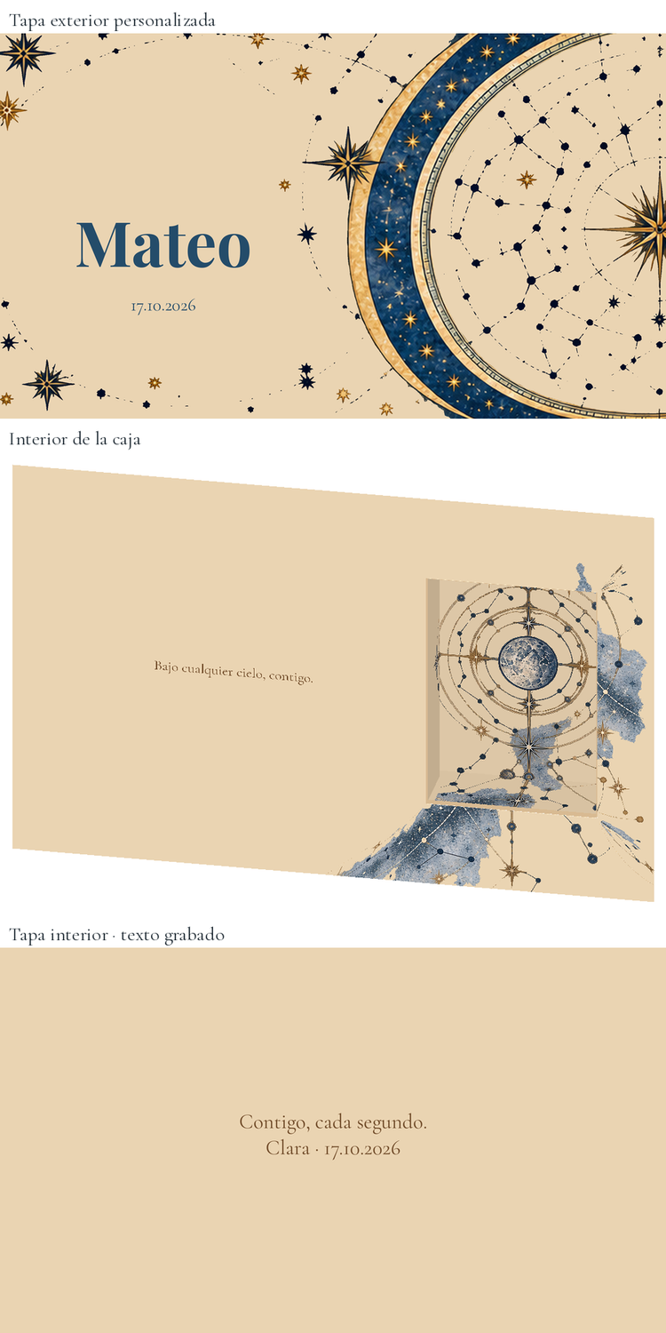 Rappresentazione digitale: Scatola per orologio personalizzata per lo sposo — Firmamento. Scatola in legno di 24 × 16 cm; orologio non incluso.