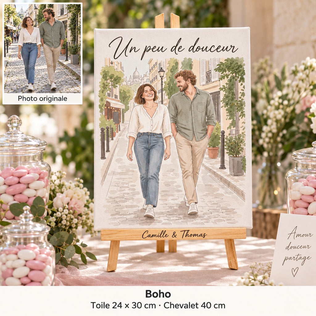 Tela di 24 × 30 cm con ritratto in stile boho e «Un peu de douceur», su cavalletto al tavolo dei dolci del matrimonio.