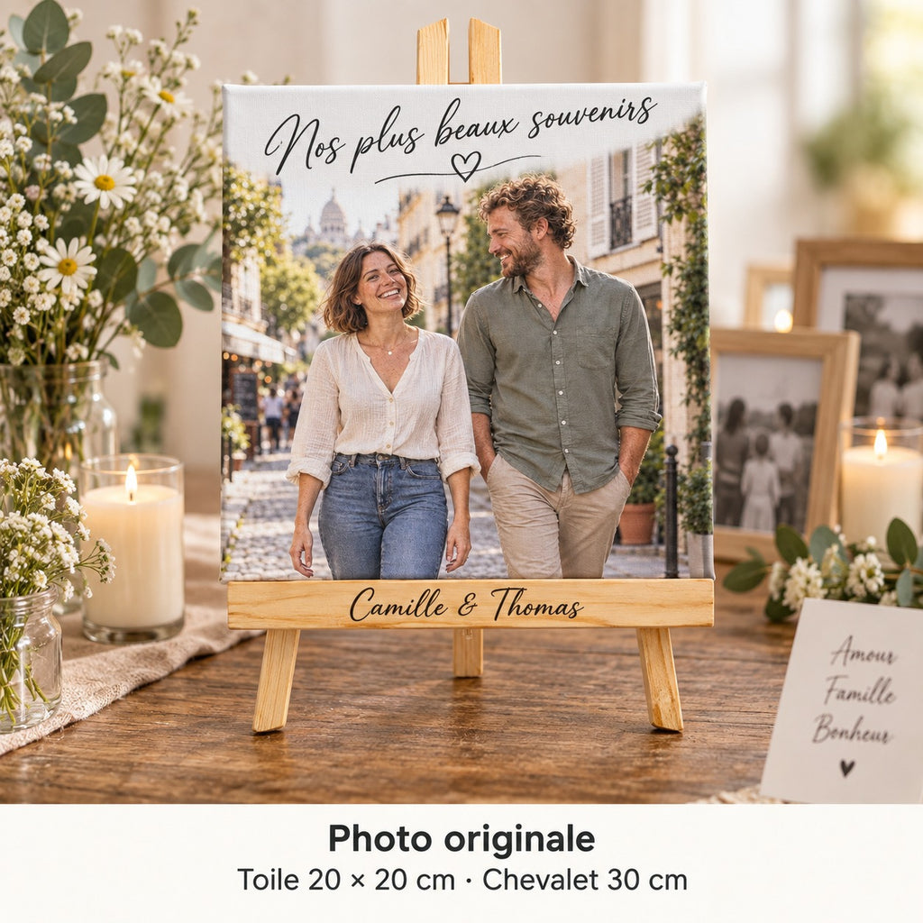 Tela di 20 × 20 cm con foto prematrimoniale di Camille e Thomas e «Nos plus beaux souvenirs», nell’angolo dei ricordi del matrimonio.