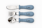 Cubiertos infantiles personalizados · Azul Gris · nombre Leo