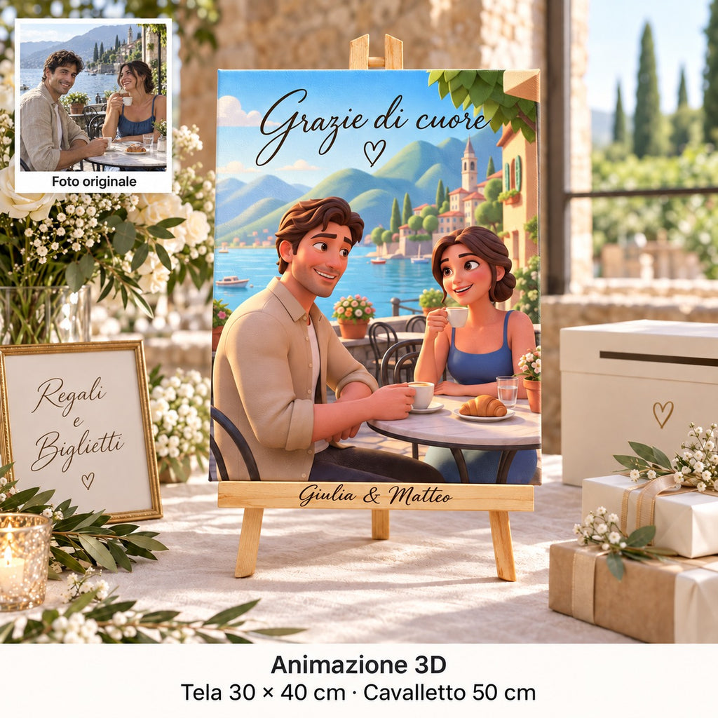 Tela di 30 × 40 cm con ritratto in animazione 3D e «Grazie di cuore», su cavalletto personalizzato al tavolo dei regali di matrimonio.