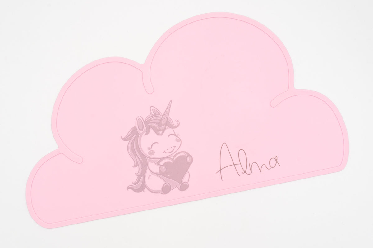 Tovaglietta a nuvola rosa con il nome Alma e un unicorno