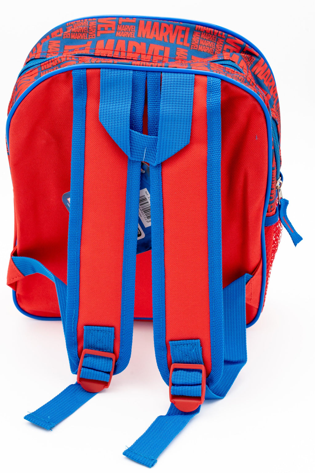 Retro rosso di uno zaino scolastico con spallacci blu regolabili e maniglia superiore