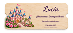 Simulazione digitale di un invito illustrato a Disneyland Paris su compensato; l’aspetto reale può variare.
