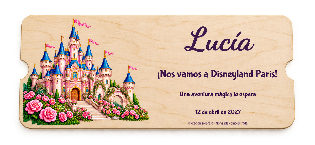 Simulazione digitale di un invito illustrato a Disneyland Paris su compensato; l’aspetto reale può variare.
