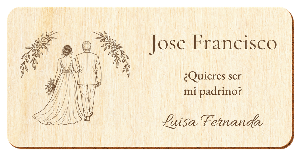 Simulazione di una targa per padrino di nozze, incisa al laser su compensato, scena Accompagnamento all’altare, Jose Francisco e Luisa Fernanda, figure di spalle senza volti.