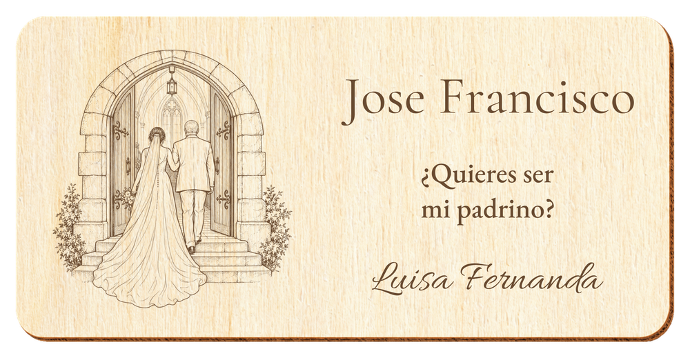 Simulazione di una targa per padrino di nozze, incisa al laser su compensato, scena Ingresso in chiesa, Jose Francisco e Luisa Fernanda, figure di spalle senza volti.