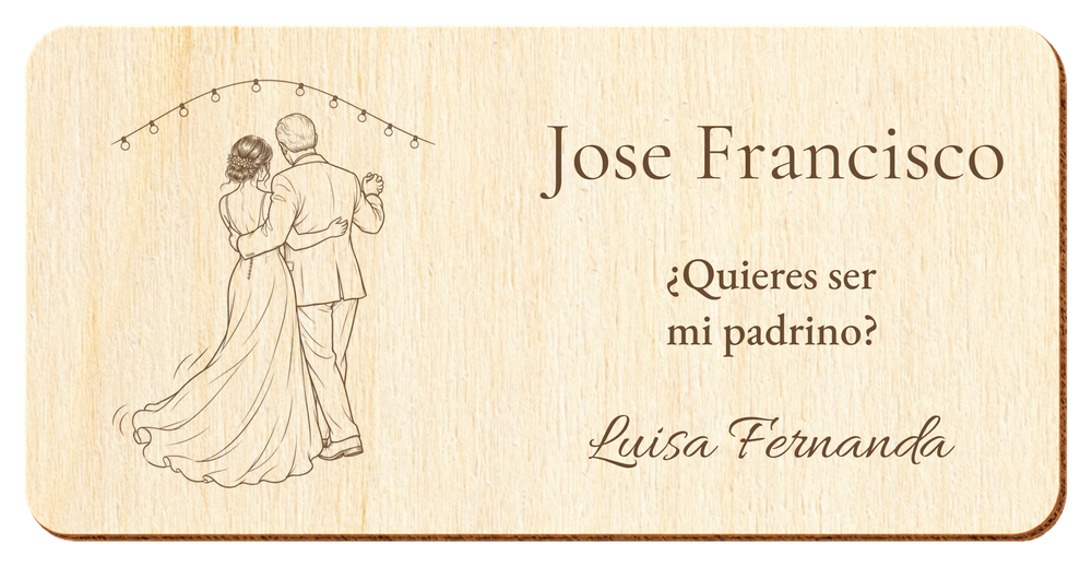 Simulazione di una targa per padrino di nozze, incisa al laser su compensato, scena Il primo ballo, Jose Francisco e Luisa Fernanda, figure di spalle senza volti.
