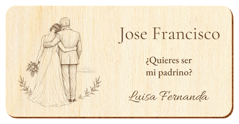 Simulazione di una targa per padrino di nozze, incisa al laser su compensato, scena Prima del sì, Jose Francisco e Luisa Fernanda, figure di spalle senza volti.