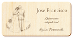 Simulazione di una targa per padrino di nozze, incisa al laser su compensato, scena Prima del sì, Jose Francisco e Luisa Fernanda, figure di spalle senza volti.