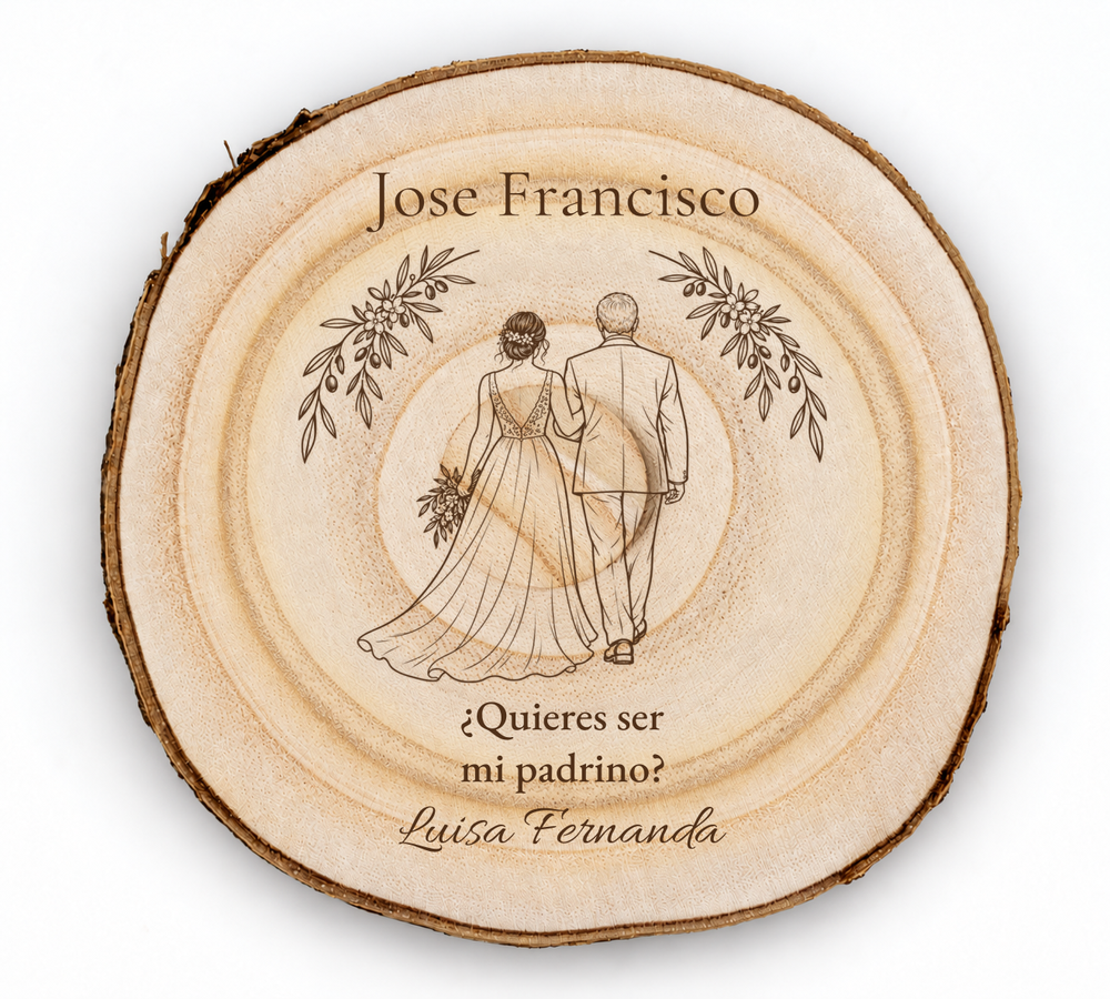 Simulazione di una targa per padrino di nozze, incisa al laser su paulownia, scena Accompagnamento all’altare, Jose Francisco e Luisa Fernanda, figure di spalle senza volti.