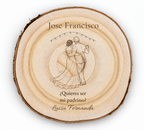 Simulazione di una targa per padrino di nozze, incisa al laser su paulownia, scena Il primo ballo, Jose Francisco e Luisa Fernanda, figure di spalle senza volti.