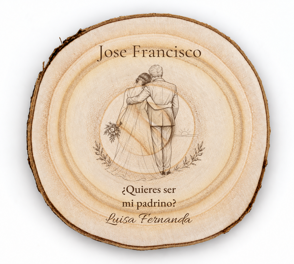Simulazione di una targa per padrino di nozze, incisa al laser su paulownia, scena Prima del sì, Jose Francisco e Luisa Fernanda, figure di spalle senza volti.