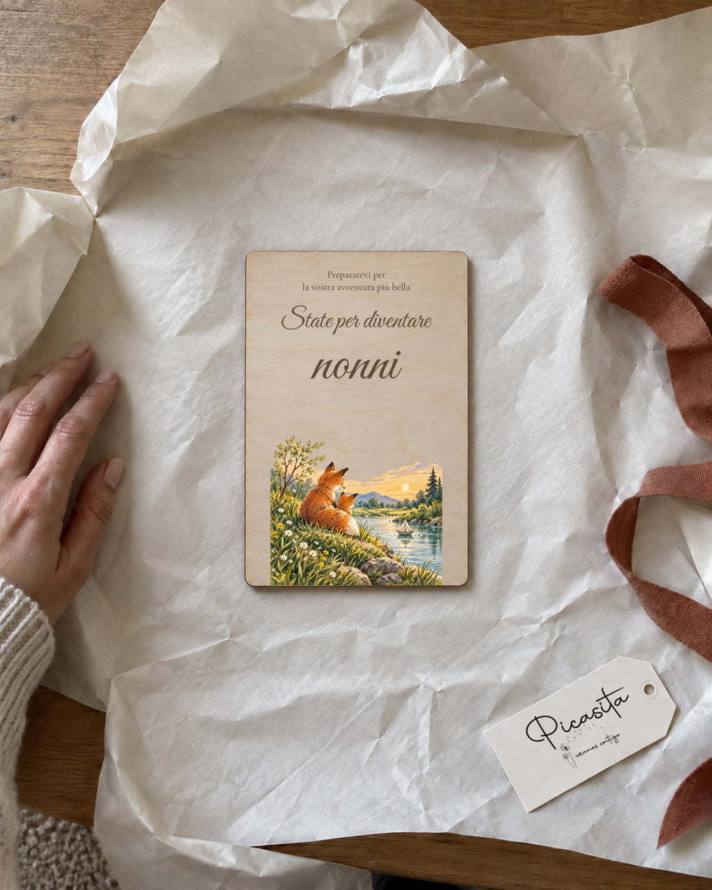 Anteprima simulata: Avventura su Compensato, 10 × 15 cm, senza ecografia. Scena regalo.
